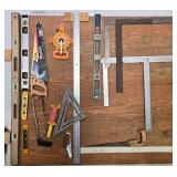 Set of Various Hand Tools with Tape Measures and Saw
