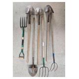 Collection of Garden Tools Including Forks and Shovels
