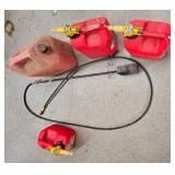 Lot of Red Gas Cans with Spouts and Manual Transfer Pump