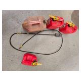 Lot of Red Gas Cans with Spouts and Manual Transfer Pump