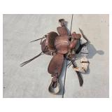 Vintage Leather Western Saddle with Stirrups and Girth