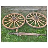 Antique Wooden Wagon Wheels and Axle Set