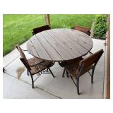 Outdoor Patio Set with Rustic Wooden Table and Iron Frame Chairs