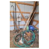 Collection of Garage and Garden Tools with Hose and Exercise Ball