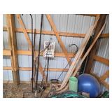 Collection of Garage and Garden Tools with Hose and Exercise Ball