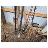 Collection of Garage and Garden Tools with Hose and Exercise Ball