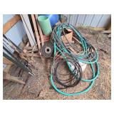 Collection of Garage and Garden Tools with Hose and Exercise Ball
