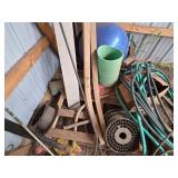 Collection of Garage and Garden Tools with Hose and Exercise Ball