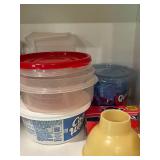Collection of Assorted Kitchen Storage Containers and Glass Pitcher