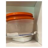 Collection of Assorted Kitchen Storage Containers and Glass Pitcher