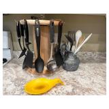 Spinning Kitchen Utensil Holder with Assorted Utensils and Ceramic Jug