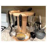 Spinning Kitchen Utensil Holder with Assorted Utensils and Ceramic Jug
