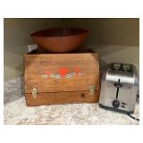 Wood Bread Box with Heart Motif and Metal Toaster Set