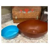 Wood Bread Box with Heart Motif and Metal Toaster Set