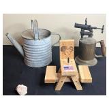 Vintage Collection: Watering Can, Woodlink Squirrel Feeder, Brass Blowtorch, and Ceramic Jar