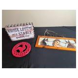 Decor Set: Stained Glass Horse Panel, Red Rooster Trivet, and Horse Lovers Sign