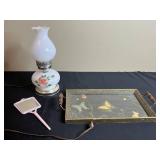 Vintage Hand Mirror, Glass Serving Tray & Floral Table Lamp