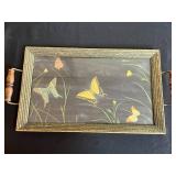 Vintage Hand Mirror, Glass Serving Tray & Floral Table Lamp