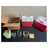 Collection of Vintage Coolers and Canning Jars with Accessories