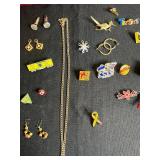 Assorted Pins and Small Jewelry Items Inc Hair Clip, Costume Gold Tone Necklace & More