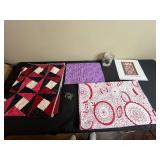 Collection of Quilting Fabrics, Calendar, Vintage Sewing Machine Figurine/Ornament, and Jar of Sewing Notions