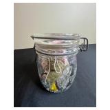 Collection of Quilting Fabrics, Calendar, Vintage Sewing Machine Figurine/Ornament, and Jar of Sewing Notions