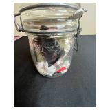 Collection of Quilting Fabrics, Calendar, Vintage Sewing Machine Figurine/Ornament, and Jar of Sewing Notions