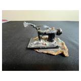 Collection of Quilting Fabrics, Calendar, Vintage Sewing Machine Figurine/Ornament, and Jar of Sewing Notions