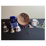 Eclectic Collection of Novelty Items and Souvenirs Inc Lighthouse Figurine, Bells & Miniature Tractor