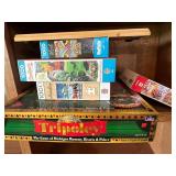 Collection of Board Games and Cribbage Board (missing pegs)