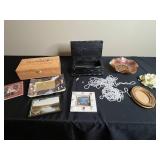 Collection of Decorative Items Including Frames and Iridescent Glass Bowl