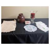 Assortment of Vintage Linens with Jar, Candle, and Gulf Wax