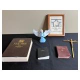 Religious Collection: Bibles, Angel Figurine, Cross, and Framed Embroidery