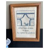 Religious Collection: Bibles, Angel Figurine, Cross, and Framed Embroidery