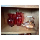VTG Red Vases, Decorative Glassware and Copper Teapot Stamped Portugal