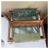 Vintage Handmade Wooden Table Loom with Green Yarn