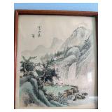 Set of 2 Chinese Watercolor Paintings in Bamboo Frames