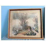 Set of 2 Chinese Watercolor Paintings in Bamboo Frames