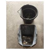 Assorted Household and Garage Items Including Measuring Wheel, Containers, and Buckets