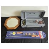 Hexagonal Wooden Frame Mirror, Jaccard Pig Tail Food Flipper, and Small Dremel Set