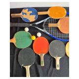 Collection of Table Tennis Paddles, Tennis Racket, and Accessories