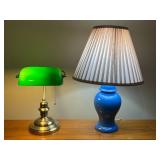 Pair of Table Lamps: Brass with Green Shade and Blue Ceramic with Pleated Shade