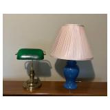 Pair of Table Lamps: Brass with Green Shade and Blue Ceramic with Pleated Shade