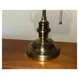 Pair of Table Lamps: Brass with Green Shade and Blue Ceramic with Pleated Shade