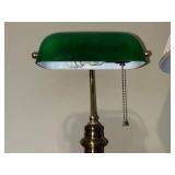 Pair of Table Lamps: Brass with Green Shade and Blue Ceramic with Pleated Shade