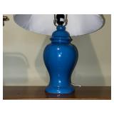 Pair of Table Lamps: Brass with Green Shade and Blue Ceramic with Pleated Shade