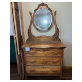 Antique Oak Dresser with Ornate Mirror and Three Drawers