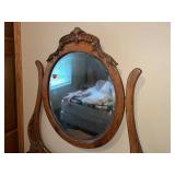 Antique Oak Dresser with Ornate Mirror and Three Drawers
