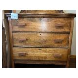 Antique Oak Dresser with Ornate Mirror and Three Drawers