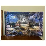 Set of 2 Framed and Assembled Jigsaw Puzzles with Framed Winter Scene Print
